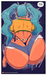 1girl absurdres ascended_cake ass ass_focus ass_shake back bead_choker belly_chain bent_over blue_hair border bouncing_ass brazilian_miku cropped_shirt dark-skinned_female dark_skin earrings english_text exposed_pocket flip-flops from_behind gold_earrings hatsune_miku highres huge_ass jewelry long_hair motion_lines panties rectangular_earrings sandals shirt short_shorts shorts shorts_tan solo tan tanline tanline_peek thong twerking twintails underwear vocaloid whale_tail_(clothing) white_border wide_hips