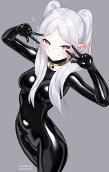 1girl absurdres black_bodysuit bodysuit breasts collar commission covered_navel double_v earrings elf frieren green_eyes grey_background highres jewelry latex latex_bodysuit long_hair looking_at_viewer maguro27 medium_breasts pixiv_commission pointy_ears shiny_clothes skin_tight smile solo sousou_no_frieren twintails v white_hair