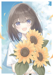 1girl :d blue_eyes blue_sailor_collar blue_sky blush brown_hair cloud commentary day flower hair_between_eyes highres hugging_object kavka looking_at_viewer open_mouth original petals sailor_collar school_uniform serafuku shirt short_sleeves sky smile solo sunflower upper_body white_shirt yellow_flower