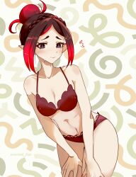 1girl absurdres artist_name bare_arms bare_legs bare_shoulders borrowed_character bra braid breasts brown_bra brown_eyes brown_panties cleavage collarbone commentary cowboy_shot crown_braid eleanor_(justadrian) english_commentary flying_sweatdrops hair_bun hands_on_own_thighs highres leaning_forward light_blush medium_breasts navel original panties parted_bangs pointy_ears red_hair short_hair simple_background solo twitter_username underwear underwear_only unreal_fish