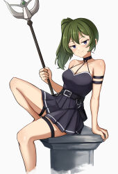 1girl absurdres arm_strap bare_shoulders black_choker breasts choker cleavage closed_mouth collarbone eyebrows_hidden_by_hair green_hair gustaflowart hair_between_eyes highres holding holding_staff long_hair looking_at_viewer pillar purple_eyes side_ponytail sitting solo sousou_no_frieren staff thigh_strap thighs ubel_(sousou_no_frieren) white_background