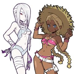 Rule 34 | 2girls, :/, a.k.i. (street fighter), absurdres, albino, bandaged arm, bandaged head, bandaged leg, bandaged neck, bandages, belt, bikini, blue eyes, bracelet, braid, breasts, cammy white, claw (weapon), facial scar, front-tie bikini top, front-tie top, hat, highres, jewelry, loose belt, medium breasts, mole, mole under mouth, multiple bracelets, multiple girls, necklace, official alternate costume, official alternate hairstyle, pale skin, pink bikini, red eyes, sach56000, scar, scar on cheek, scar on face, shaded face, small breasts, smile, strapless, strapless bikini, straw hat, street fighter, street fighter 6, swimsuit, tan, tanline, twin braids, underboob, weapon, white hair