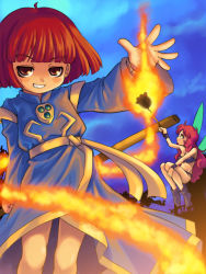bikini blue_robe bob_cut bracelet broom burning cotton_(character) cotton_(game) cropped_legs dusk fairy fairy_wings fire flower jewelry long_hair n3o2 pink_hair purple_bikini purple_footwear red_eyes red_hair robe short_hair silk_(cotton) smile swimsuit teeth wings witch