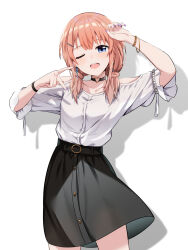 1girl ;d arm_up black_skirt blue_eyes blush brown_hair cac_itinose clothing_cutout collarbone commentary_request hair_ornament hair_over_shoulder hairclip highres long_hair looking_at_viewer low_twintails nail_polish one_eye_closed open_mouth original puffy_short_sleeves puffy_sleeves purple_nails shadow shirt short_sleeves shoulder_cutout simple_background skirt smile solo twintails white_background white_shirt