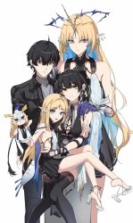 1boy 3girls absurdres black_boots black_dress black_hair black_jacket black_thighhighs blonde_hair blue_eyes blue_hair boots breasts cartethyia_(wuthering_waves) closed_mouth colored_inner_hair commentary crown_of_thorns dress dual_persona earrings english_commentary female_rover_(wuthering_waves) fleurdelys_(wuthering_waves) floating_earrings grey_shirt hand_on_another&#039;s_shoulder high_heels highres jacket jewelry large_breasts leria_v long_hair looking_at_viewer male_rover_(wuthering_waves) multicolored_hair multiple_girls pointy_ears rover_(wuthering_waves) shirt shoes sidelocks signature simple_background smile sock_puppet tabard tacet_mark_(wuthering_waves) thigh_boots thighhighs thighhighs_under_boots thighs very_long_hair white_background white_shoes white_tabard wuthering_waves yellow_eyes