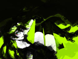 1girl alternate_costume alternate_hair_color bad_id bad_pixiv_id black_boots black_dress black_gloves black_hair boots colored_skin dress eyelashes female_focus from_above gloves goggles goggles_on_head hair_between_eyes hand_on_own_knee hatsune_miku headset high_heel_boots high_heels legs_folded lips looking_at_viewer mitsui red_eyes short_sleeves solo texture thigh_boots thighhighs thighs turning_head twintails two-tone_background vocaloid white_skin yamaha zettai_ryouiki