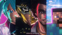 1girl 3boys absurdres beard black_eyes black_hair black_jacket blue_eyes blue_hair blue_shirt brown_hair crossover facial_hair hatsune_miku headphones highres jacket jewelry joker_(persona_5) kasuga_ichiban long_hair looking_at_viewer minecraft multiple_boys multiple_crossover necklace persona persona_5 pixelated purple_jacket ryuu_ga_gotoku_(series) ryuu_ga_gotoku_7 shirt smile sonic_(series) sonic_racing:_crossworlds steve_(minecraft) theartntn twintails vocaloid white_jacket white_mask