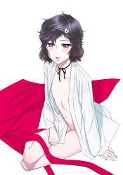 1boy black_hair bottomless bulge erection erection_under_clothes fetishist hair_ornament hairclip japanese_clothes kimono nipples on_floor open_clothes open_shirt purple_eyes short_hair skull_hair_ornament steins;gate string_choker tears trap urushibara_ruka white_kimono