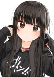 1girl bell black_hair black_hoodie blush breasts brown_eyes closed_mouth collar commentary_request drawstring hands_up highres hood hood_down hoodie jingle_bell kentaurosu long_hair long_sleeves looking_at_viewer medium_breasts mole mole_under_mouth neck_bell original puffy_long_sleeves puffy_sleeves red_collar simple_background sleeves_past_wrists solo upper_body white_background