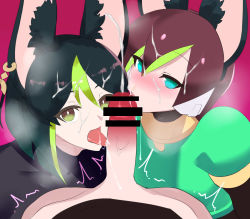 1boy 1girl aile_(mega_man_zx) animal_ears bisexual bisexual_male blush brown_eyes brown_hair cum cum_in_mouth cum_on_body cum_on_hair cum_on_tongue facial fake_animal_ears fellatio fox_ears genshin_impact green_eyes green_hair hetero highres kissing_penis licking licking_penis mega_man_(series) mega_man_x_(series) mega_man_x_dive mega_man_zx multicolored_hair oral orgasm penis short_hair tighnari_(genshin_impact) ukimukai