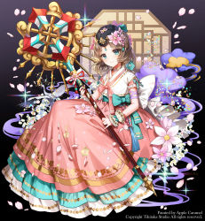 1girl apple_caramel arcana_tactics artist_name bird black_background black_headwear blue_bow blue_eyes bow brown_hair check_copyright company_name copyright_request dress dress_bow dress_flower female_focus flower highres holding holding_staff official_art pink_dress short_hair smile solo staff swan