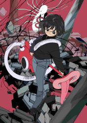 1girl absurdres black-framed_eyewear black_eyes black_hair black_shoes black_sweater blinky_(hunter_x_hunter) blue_pants closed_mouth commentary_request denim edoya_inuhachi fence full_body glasses highres holding_vacuum_cleaner hunter_x_hunter iron_fence jeans monster open_mouth pants red_background ruins sharp_teeth shizuku_murasaki shoes short_hair spikes standing sweater teeth tongue tongue_out turtleneck turtleneck_sweater vacuum_cleaner