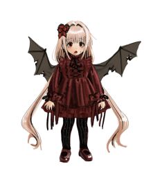 1girl blonde_hair blood blood_from_mouth blush bow cerise_(meisharan) child classic_lolita demon_wings dot_nose dress fangs gothic_lolita hair_intakes hair_ornament heart heart_hair_ornament highres lolita_fashion long_hair low_twintails mary_janes meisharan open_mouth original pantyhose red_dress red_eyes shoes solo standing torn_wings twintails very_long_hair white_background wings
