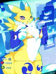 1girl absurdres bikini black_sclera blush body_fur colored_sclera cowboy_shot dclaret digimon digimon_(creature) furry furry_female gold_bikini golden_week golden_week_bikini highres holographic_interface micro_bikini renamon solo swimsuit twitter_strip_game_parody white_fur yellow_fur
