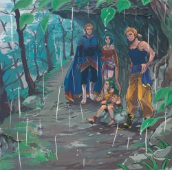 1girl 3boys animal_print armor bare_arms barefoot blonde_hair blue_eyes blue_shirt boots bracer breasts cape detached_sleeves dress edgar_roni_figaro facia final_fantasy final_fantasy_vi forest full_body gau gloves green_hair hand_on_own_hip leaf low_ponytail sabin_rene_figaro medium_breasts medium_hair monk_(final_fantasy) multiple_boys muscular muscular_male nature orange_pants outdoors pants pantyhose parted_bangs partially_fingerless_gloves plate_armor pointy_ears polka_dot polka_dot_legwear ponytail rain red_dress rock shirt short_dress shoulder_armor sideburns sitting sleeveless sleeveless_shirt standing strapless strapless_dress tina_branford tree uedymummy0921 waist_cape water_drop wavy_hair