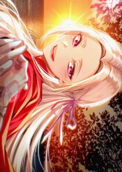2girls a_(asan_a_aa) absurdres arm_guards artist_name blonde_hair blurry blurry_background cape edelgard_von_hresvelg female_byleth_(fire_emblem) female_pov fire_emblem fire_emblem:_three_houses garreg_mach_monastery_uniform hair_ribbon happy head_tilt highres holding_hands implied_yuri light_blush light_particles long_hair looking_at_viewer looking_to_the_side multiple_girls nintendo open_mouth outdoors parted_bangs pov pov_hands purple_eyes purple_ribbon red_cape ribbon shade signature sky smile solo_focus standing sun sunset teeth tree upper_body water