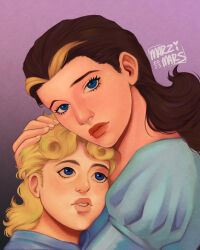 1boy 1girl 2023 artist_name blonde_hair blue_eyes brown_hair clip_studio_paint_(medium) diego_brando eyelashes highres jojo_no_kimyou_na_bouken lips long_hair looking_at_viewer marzimars mother_and_son mrs._brando_(sbr) nose nostrils parted_lips pink_lips red_lips shirt simple_background steel_ball_run