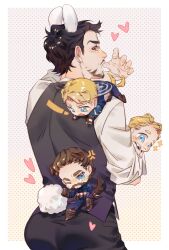 ! 4boys anger_vein animal_ears animification arm_up avengers:_infinity_war avengers_(series) back beard belt black_hair black_pants black_vest blonde_hair blue_bodysuit blue_eyes blush bodysuit boots border brown_belt brown_eyes brown_footwear brown_gloves brown_hair captain_america chibi clenched_hand closed_mouth collared_shirt dog_ears dog_tail facial_hair fang fingerless_gloves fingernails from_behind gloves hand_up heart heart_in_eye highres kemonomimi_mode long_sleeves looking_at_another looking_at_viewer looking_back looking_down looking_up male_focus marvel marvel_cinematic_universe multiple_boys multiple_persona one_eye_closed open_mouth outside_border pants pink_background pocket polka_dot polka_dot_background rabbit_ears rabbit_tail shield shirt short_hair sitting skin_fang smile sparkle star_(symbol) steve_rogers striped_bodysuit superhero_costume suspenders symbol_in_eye tail tony_stark uniiii v-shaped_eyebrows vest white_border white_shirt