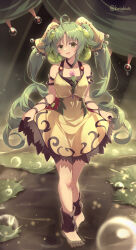 1girl absurdres ankle_strap barefoot blush clothes_lift collarbone dress dress_lift duel_monster flower green_eyes green_hair highres kanzakietc long_hair monster_girl off_shoulder open_mouth pink_flower plant_girl smile solo thighs traptrix_sera twintails very_long_hair yellow_dress yu-gi-oh!