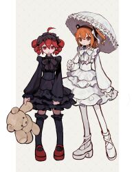 2girls a.i._voice adachi_rei ahoge alternate_costume black_dress black_thighhighs black_vs_white dress drill_hair frilled_dress frilled_thighhighs frilled_umbrella frills hairband highres holding holding_stuffed_toy holding_umbrella kasane_teto lolita_fashion lolita_hairband long_sleeves looking_at_viewer mary_janes medium_hair multiple_girls one_side_up orange_eyes orange_hair pantyhose red_eyes red_hair red_shoes s1ho_(ukiy0u0) shoes short_dress standing stuffed_animal stuffed_toy teddy_bear thighhighs twin_drills umbrella utau white_dress white_pantyhose white_shoes white_umbrella