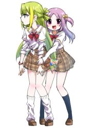 2girls :d alina_gray belt_pouch blonde_hair blue_socks blunt_ends bow bowtie brown_footwear brown_skirt cleaning_rag closed_mouth green_hair hair_ornament hair_ribbon hair_rings highres kneehighs layered_sleeves leon_ahp loafers long_hair long_sleeves loose_bowtie loose_socks magia_record:_mahou_shoujo_madoka_magica_gaiden mahou_shoujo_madoka_magica medium_hair misono_karin multicolored_hair multiple_girls open_mouth orange_ribbon paint_stains parted_bangs plaid_clothes plaid_skirt pouch profile purple_eyes purple_hair red_bow red_bowtie ribbon sakae_general_school_uniform school_uniform shirt shoes short_over_long_sleeves short_sleeves side-tie_shirt sidelocks simple_background single_hair_ring skirt sleeves_rolled_up smile socks standing star_(symbol) star_hair_ornament straight_hair streaked_hair two_side_up very_long_hair white_background white_shirt white_socks wing_collar wristband