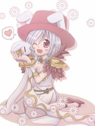 1girl :d animal animal_ears belt blush_stickers breasts brown_belt cleavage commentary_request dated_commentary detached_sleeves dress fake_animal_ears full_body fur_collar grey_dress grey_hair grey_sleeves hat heart holding holding_animal holding_rabbit long_hair looking_at_viewer lunatic_(ragnarok_online) medium_breasts one_eye_closed open_mouth rabbit ragnarok_online red_eyes red_hat red_sandals sandals seiza sharari sitting sleeveless sleeveless_dress smile solo sorcerer_(ragnarok_online) spoken_heart top_hat white_background