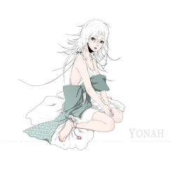 1girl barefoot breasts dress highres long_hair looking_at_viewer miyako_(anicon) nier nier_(series) open_mouth simple_background sitting solo transparent_background white_background white_dress white_hair yonah