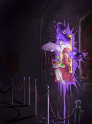 1000-nen_ikiteru_(vocaloid) 1girl aki_(a_ki_0002) art_gallery closed_mouth commentary_request dark_room dress empty_eyes fish flying_fish from_side gloves highres iki_(iyowa) indoors iyowa_girls long_hair looking_at_viewer looking_to_the_side paint_splatter painting_(object) pantyhose pink_dress pink_eyes pink_hair princess puffy_short_sleeves puffy_sleeves short_sleeves sitting solo stanchion staring tentacles through_medium through_painting tiara traffic_light white_gloves white_pantyhose wide-eyed wide_shot