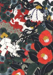 Rule 34 | 1girl, abstract, bird, black eyes, black hair, bush, colored skin, female focus, fine art parody, flat color, flower, gohei, hair ornament, hakama, hakama skirt, haori, haraegushi, high contrast, japanese clothes, kuromichi, leaf, looking at viewer, looking to the side, marker (medium), miko, nib pen (medium), nihonga, oonusa, original, parody, pen (medium), red sky, short hair, sitting, skirt, sky, solo, traditional media, white skin, wind