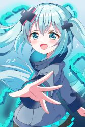 1girl aqua_eyes aqua_hair batsu_miku black_skirt blush grey_jacket hair_between_eyes hair_ornament hatsune_miku highres jacket kowareta_sekai_to_utaenai_miku long_hair long_sleeves open_mouth pleated_skirt project_sekai reaching reaching_towards_viewer sakaki333 skirt smile solo turtleneck turtleneck_jacket twintails very_long_hair vocaloid wide_sleeves x_hair_ornament