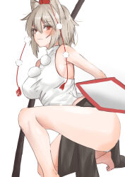 1girl absurdres animal_ears black_skirt breasts closed_mouth commentary grey_hair hat highres inubashiri_momiji kuraki looking_at_viewer pom_pom_(clothes) red_eyes red_hat shield shirt short_hair simple_background skirt sleeveless sleeveless_shirt solo tokin_hat touhou white_background white_shirt wolf_ears wolf_girl