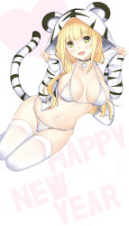 1girl animal_print bikini blonde_hair breasts choker green_eyes happy_new_year hataraki_kuma heart highres hood hoodie long_hair looking_at_viewer medium_breasts multicolored_eyes navel new_year open_mouth original smile solo swimsuit tail thigh_gap thighhighs tiger_print tiger_tail white_bikini white_thighhighs yellow_eyes