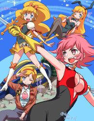 Rule 34 | 2girls, absurdres, animal ears, arm up, armband, artist name, bernard wiseman, bernard wiseman (cosplay), big hair, black bodysuit, black bow, black leotard, black pants, black pantyhose, black shoes, blonde hair, blue eyes, bodysuit, boots, bow, bowtie, bra, breasts, bridal gauntlets, brown jacket, choker, cleavage, closed mouth, collared shirt, commentary, cosplay, cure honey, cure honey (cosplay), cutie honey, cutie honey (character), dated, detached collar, earrings, gloves, gundam, gundam 0080, hair bow, hairband, hand up, happinesscharge precure!, heart, heart choker, high heel boots, high heels, high ponytail, highres, holding, holding sword, holding weapon, isedaichi ken, jacket, jewelry, kisaragi honey, large breasts, leotard, long hair, looking at viewer, magical girl, multiple girls, one eye closed, open mouth, orange bow, outstretched arm, pants, pantyhose, partially unbuttoned, partially unzipped, pink bra, playboy bunny, ponytail, precure, puffy short sleeves, puffy sleeves, rabbit ears, red armband, red bodysuit, red choker, red eyes, red hair, red hairband, rock, salute, shirt, shoes, short hair, short sleeves, sitting, skirt, sleeveless, sleeveless bodysuit, smile, spread legs, standing, strapless, strapless leotard, sword, teeth, translated, twitter username, two-tone bodysuit, underboob, underwear, upper teeth only, very long hair, vest, wavy hair, weapon, white armband, white boots, white choker, white shirt, wrist cuffs, yellow gloves, yellow skirt