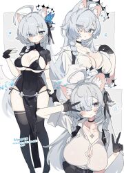 1girl ahoge animal_ear_fluff animal_ears bikini black_bikini black_bra black_choker black_dress black_gloves black_ribbon black_shoes black_skirt black_thighhighs blue_eyes blush bra braid breasts butterfly_hair_ornament cat_ears china_dress chinese_clothes choker cleavage closed_mouth collarbone collared_shirt commission covered_navel double_v dress eyes_visible_through_hair fingerless_gloves full_body gloves grey_background grey_eyes grey_hair hair_between_eyes hair_ornament hair_over_one_eye hair_ribbon half_gloves halo highres jewelry large_breasts long_hair looking_at_viewer low_wings mismatched_pupils multiple_views napenasupe necklace noneknown_(vrchat) panties parted_lips pelvic_curtain ribbon shirt shoes short_sleeves simple_background single_braid skeb_commission skirt smile standing swimsuit thighhighs underwear v vrchat white_background white_shirt wings wolf_ears
