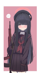 1girl beret black_choker black_gloves black_hair black_hat black_sailor_collar black_serafuku black_skirt blue_archive blush choker commentary_request cowboy_shot em-2 expressionless gloves hair_over_eyes halo hat highres justice_task_force_member_(blue_archive) long_hair long_sleeves mofu_00000 neckerchief pleated_skirt red_background red_eyes red_halo red_neckerchief sailor_collar school_uniform serafuku simple_background skirt spoken_blush standing
