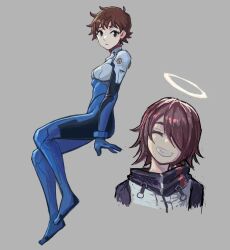 2girls ^_^ ahoge angel arknights arm_support arms_at_sides black_hood black_jacket black_sleeves blue_bodysuit blue_gloves blue_shoes bodysuit breasts brown_hair closed_eyes closed_mouth collared_bodysuit commentary cropped_shoulders drawpile_(medium) english_commentary exusiai_(arknights) eyebrows_hidden_by_hair fang flipped_hair foot_dangle from_side full_body furrowed_brow genderswap genderswap_(mtf) gloves grey_background grin hair_over_one_eye halo head_tilt high_collar hood hooded_jacket ikari_shinji invisible_floor jacket light_frown long_eyelashes long_sleeves looking_at_viewer looking_to_the_side mecha_pilot_suit multicolored_jacket multiple_girls neon_genesis_evangelion parted_bangs plugsuit_(evangelion) portrait shoes short_hair sidelocks simple_background sitting sketch small_breasts smile straight-on teeth thick_eyelashes thighs two-tone_bodysuit two-tone_jacket vertigris white_bodysuit white_jacket zipper