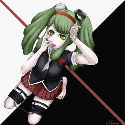 1girl aged_up alternate_costume alternate_hairstyle anklet barefoot bdsm bear_hair_ornament black_background black_neckwear black_shirt bondage bondage_gear bound bound_legs bow bowtie buckle buckle_straps chain chained collared_shirt cosplay danganronpa_(series) danganronpa_3_(anime) danganronpa_another_episode:_ultra_despair_girls enoshima_junko enoshima_junko_(cosplay) fingernails full_body green_eyes green_hair hair_ornament hairband hand_on_own_face hand_on_own_head hand_up headband highres jewelry kneeling leather legs multicolored_background necktie red_background red_bow red_bowtie red_headband red_headwear red_skirt shirt simple_background skirt sleeves_rolled_up swastika swastika-shaped_pupils toes tongue tongue_out towa_monaca twintails white_background white_neckwear