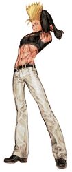 1boy abs absurdres arms_up belt blonde_hair blue_eyes capcom_vs_snk_2 crop_top earrings elbow_gloves fingerless_gloves from_below full_body game_cg gloves highres jewelry long_hair looking_to_the_side male_focus muscular navel nikaidou_benimaru nishimura_kinu non-web_source official_art pants raised_eyebrow simple_background snk solo stretching the_king_of_fighters white_background white_pants