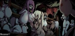 2boys 6+girls ass bit_gag blindfold blonde_hair brown_hair cave collar dark-skinned_female dark_skin doggystyle elf gag gagged goblin hand_milking hetero highres lactation long_hair metal_collar multiple_boys multiple_girls original pink_hair pointy_ears polearm pregnancy_mark restrained sex sex_from_behind shibari slave spear tattoo weapon yakou_(4507770)