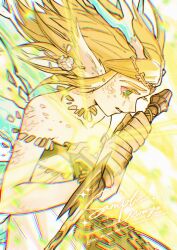 1girl animal_ears armlet artist_name blonde_hair breaking chest_jewel choker circlet clenched_teeth dragon_ears dragon_girl dragon_horns dress earrings green_eyes highres holding holding_sword holding_weapon horns jewelry long_dress medium_hair mouyi nintendo parted_bangs parted_lips princess_zelda sample_watermark scales sidelocks solo strapless strapless_dress sword teardrop_facial_mark teeth the_legend_of_zelda the_legend_of_zelda:_tears_of_the_kingdom upper_body watermark weapon white_dress