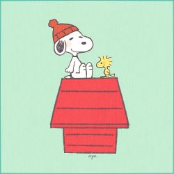 ayu_(mog) bad_id bad_pixiv_id beanie bird blush border character_name dog doghouse green_background happy hat lowres no_humans peanuts_(comic) roof rooftop sitting smile snoopy standing woodstock