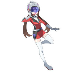 1girl :o alternate_costume asatsuki_(fgfff) boots bright_pupils brown_hair coat commentary_request full_body gloves grey_helmet hand_up helmet highres knees leg_up long_hair nintendo open_mouth pokemon pokemon_bw2 red_coat rosa_(pokemon) shirt solo standing standing_on_one_leg thigh_boots tongue twintails
