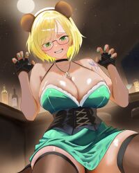 Rule 34 | 1girl, absurdres, animal ears, aqua nails, bare arms, bare shoulders, bear ears, black choker, blonde hair, breasts, brown thighhighs, character request, choker, claw pose, cleavage, commission, dress, fake animal ears, folma, glasses, green dress, green eyes, grin, hairband, halterneck, hands up, highres, jewelry, large breasts, looking at viewer, nail polish, necklace, original, semi-rimless eyewear, short dress, short hair, sitting, skeb commission, smile, solo, spaghetti strap, thighhighs, under-rim eyewear, underbust