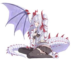 1girl absurdres black_skirt black_thighhighs breasts character_request dragon_girl dragon_horns dragon_tail dragon_wings drill_hair highres horns large_breasts long_hair miniskirt multicolored_hair pleated_skirt pointy_ears purple_eyes red_hair red_horns shadowverse shiro_wa_(shiroshironix) simple_background skirt solo tail thighhighs twin_drills two-tone_hair very_long_hair white_background white_hair wings