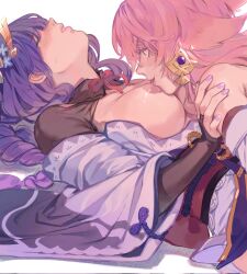 2girls animal_ear_piercing animal_ears bare_shoulders blunt_bangs blush braid breast_sucking breasts breasts_out bridal_gauntlets close-up closed_eyes clothing_cutout commentary crispyfrites detached_sleeves english_commentary from_side genshin_impact girl_on_top gradient_hair hair_between_eyes hair_ornament hand_on_another&#039;s_shoulder highres huge_breasts japanese_clothes kimono large_breasts leaning_forward leaning_on_person long_braid long_hair looking_down lying multicolored_hair multiple_girls neck_ribbon off_shoulder on_back parted_lips pink_hair pink_lips puffy_nipples purple_eyes purple_hair purple_kimono purple_nails raiden_shogun red_ribbon red_sash ribbon sash sex short_sleeves shoulder_cutout single_braid sweatdrop upper_body wide_sleeves yae_miko yuri