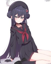 1girl beret black_choker black_gloves black_hair black_hat black_serafuku black_shoes black_skirt black_socks blue_archive choker commentary_request cosplay double_bun expressionless gloves grey_eyes grey_halo hair_bun halo hat highres justice_task_force_member_(blue_archive) justice_task_force_member_(blue_archive)_(cosplay) kisaki_(blue_archive) kneehighs long_hair long_sleeves looking_at_viewer neckerchief pleated_skirt red_neckerchief sazamiso_rx school_uniform serafuku shoes signature simple_background skirt socks solo white_background