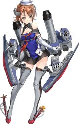 Rule 34 | 1girl, black sailor collar, black skirt, black thighhighs, blue shirt, breasts, brown eyes, brown hair, cleavage, dixie cup hat, dress, elbow gloves, full body, gloves, hat, kantai collection, looking at viewer, military hat, necktie, off-shoulder dress, off shoulder, official art, red necktie, richard p. leary (kancolle), rigging, rudder footwear, sailor collar, shirt, short hair, skirt, smile, smokestack, solo, star (symbol), thighhighs, transparent background, white gloves, zeco