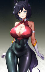 1girl absurdres animal_ears armlet bare_shoulders black_hair black_pants blue_eyes blush bob_cut breasts cleavage cleavage_cutout clothing_cutout color_banding commission covered_navel curvy cutie_honey_(character) cutie_honey_flash ear_scrunchie eishin_flash_(umamusume) gloves gluteal_fold gradient_background halter_shirt halterneck high-waist_pants highres horse_ears horse_girl horse_tail impossible_pants jewelry jpeg_artifacts large_breasts leather leather_pants looking_at_viewer pants parted_lips pixiv_commission sheita short_hair skin_tight smile solo swept_bangs tail umamusume white_gloves