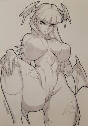 1girl animal_print arm_up artist_name bat_print bat_wings blunt_bangs boots breasts cameltoe capcom cleavage clothing_cutout collarbone covered_erect_nipples covered_navel daikon_(artist) darkstalkers demon_girl female_focus fringe_trim fur-trimmed_sleeves fur_trim gluteal_fold groin_tendon hand_on_knee hand_on_own_chest hand_on_own_leg head_tilt head_wings heart_cutout highleg highleg_leotard highres huge_breasts large_breasts leg_up legs_apart leotard long_hair looking_at_viewer low_wings marker_(medium) monochrome morrigan_aensland solo thick_lips thick_thighs thighs traditional_media wide_hips wings