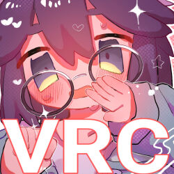 1girl blush english_text glasses hair_between_eyes halftone halftone_background heart highres hood hoodie long_sleeves looking_at_viewer open_mouth outline portrait purple_hair round_eyewear shirt short_hair sleeves_past_wrists solo sparkle star_(symbol) sweat upper_body usasaki_(vrchat) user_jrgt4737 vrchat white_outline